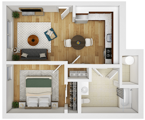 a 3d rendering of a bedroom with a living room